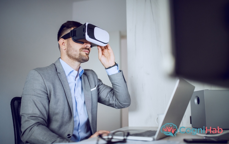 an-employee-at-office-is-using-vr-for anxiety-relief-at-workpalce